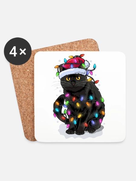 Katze Nikolausmütze Lichterkette - Untersetzer (4er-Set) - Weiß