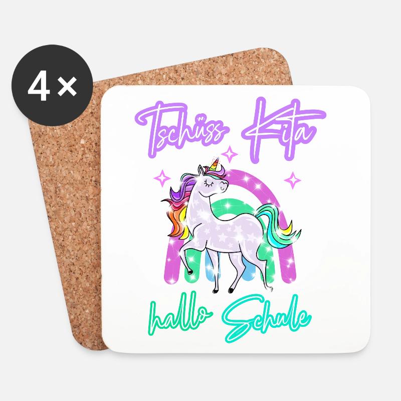 Tschüss Kita! hallo Schule Regenbogen Einhorn - Untersetzer (4er-Set) - Weiß