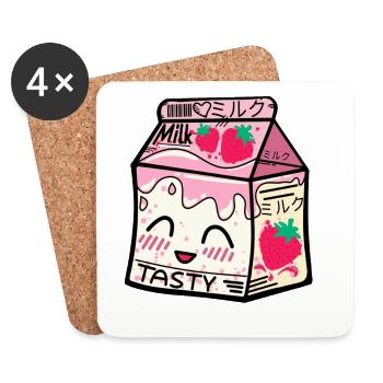 Pack de lait à la fraise kawaii - Dessous de verre (lot de 4) - blanc - Devant