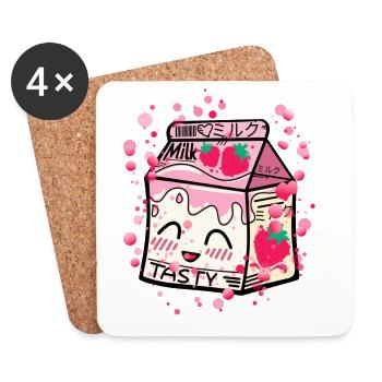 Pack de lait à la fraise kawaii - Dessous de verre (lot de 4) - blanc - Devant