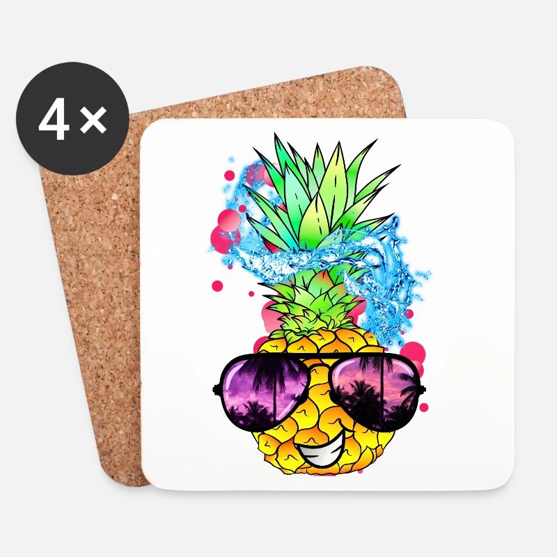 spritzige Ananas Frucht mit Gesicht - Untersetzer (4er-Set) - Weiß