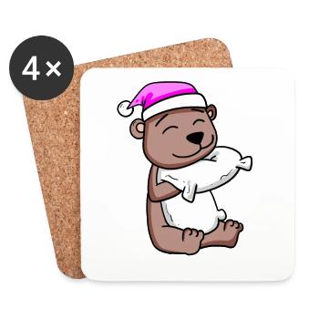 Ours avec oreiller et bonnet de couchage - Dessous de verre (lot de 4) - blanc - Devant
