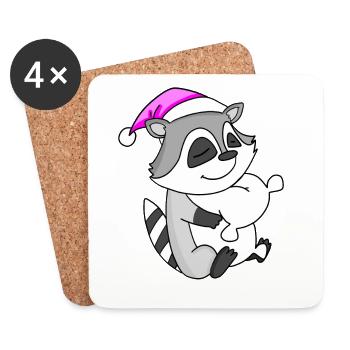 Raccoon with pillow and sleeping cap - Coasters (set of 4) - white - Front