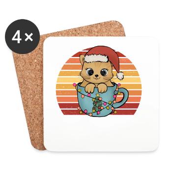 Christmas Cat Kitten with Christmas Hat Retro - Coasters (set of 4) - white - Front