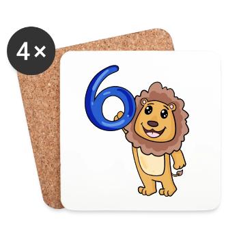 6 ans - 6ème anniversaire avec motif animal - Lion - Dessous de verre (lot de 4) - blanc - Devant