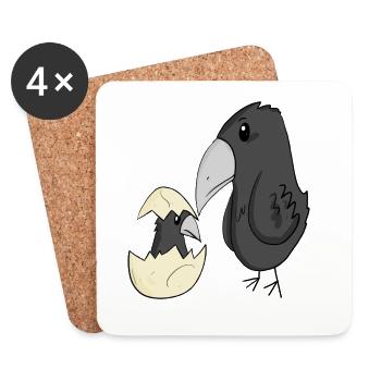 Crow Family - Crow with Baby - Crow Motif - Coasters (set of 4) - white - Front