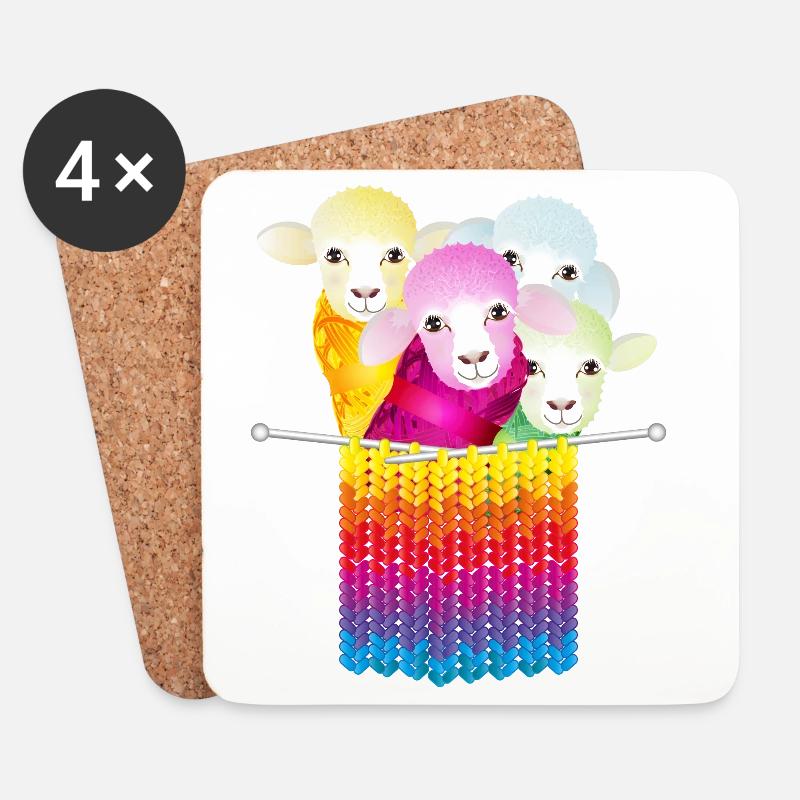 vier bunte Schafe mit Wolle und Stricknadeln - Untersetzer (4er-Set) - Weiß
