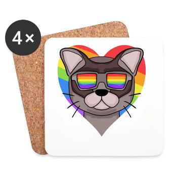 Regenbogen - Katze Burma-Katze mit Brille und Herz - Untersetzer (4er-Set) - Weiß - Vorne