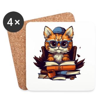 Katze mit vielen Büchern - Untersetzer (4er-Set) - Weiß - Vorne