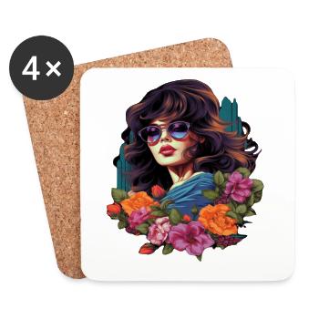 Elegant woman with flowers and sunglasses - Coasters (set of 4) - white - Front