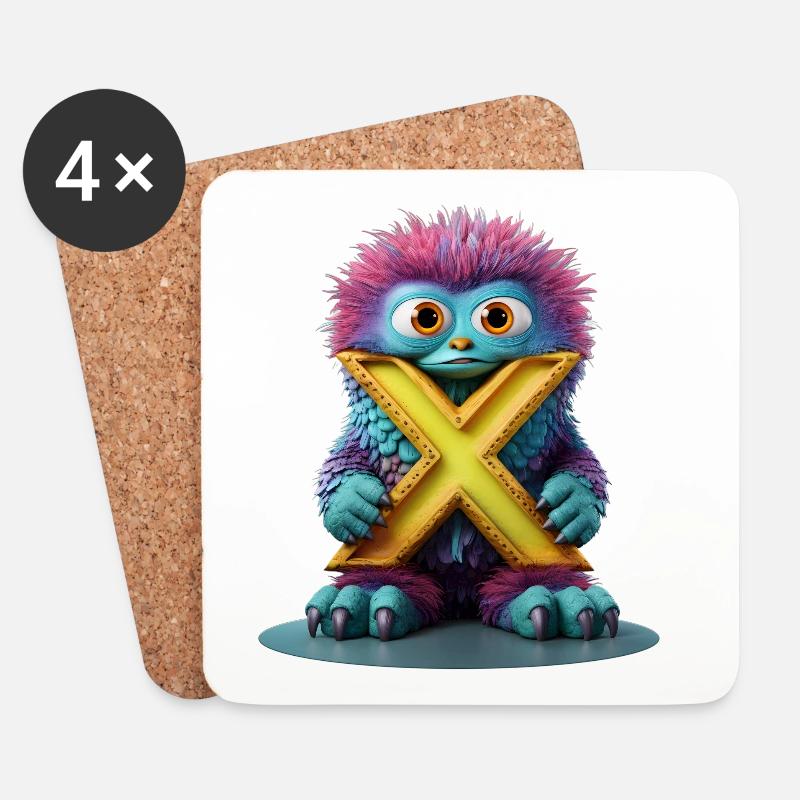 Mehrfarbiges Monster mit X - Untersetzer (4er-Set) - Weiß