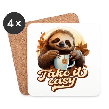 Cute Sloth Drinking Tea, Take It Easy, Saying - Coasters (set of 4) - white - Front