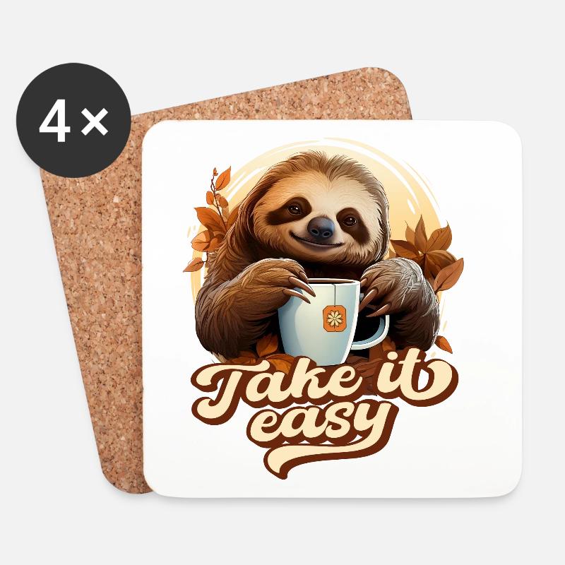 Süßes Faultier Trinkt Tee, Take It Easy, Spruch - Untersetzer (4er-Set) - Weiß