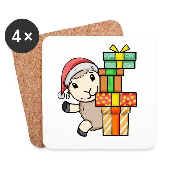Mouton avec chapeau de Père Noël et cadeau de Noël - Dessous de verre (lot de 4) - blanc - Devant