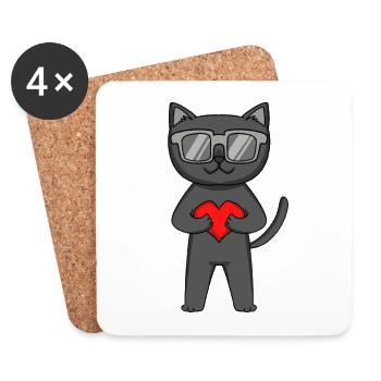Chat avec coeur et lunettes - Chat Bombay - Dessous de verre (lot de 4) - blanc - Devant