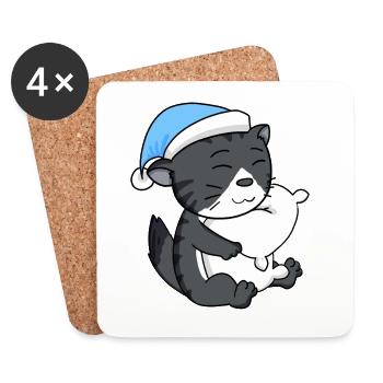 Dormir fatigué - Chat avec oreiller et bonnet somnolent - Dessous de verre (lot de 4) - blanc - Devant