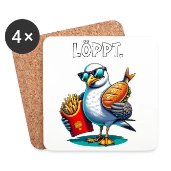 LÖPPT Möwe – Pommes & Fischbrötchen Cartoon - Untersetzer (4er-Set) - Weiß - Vorne