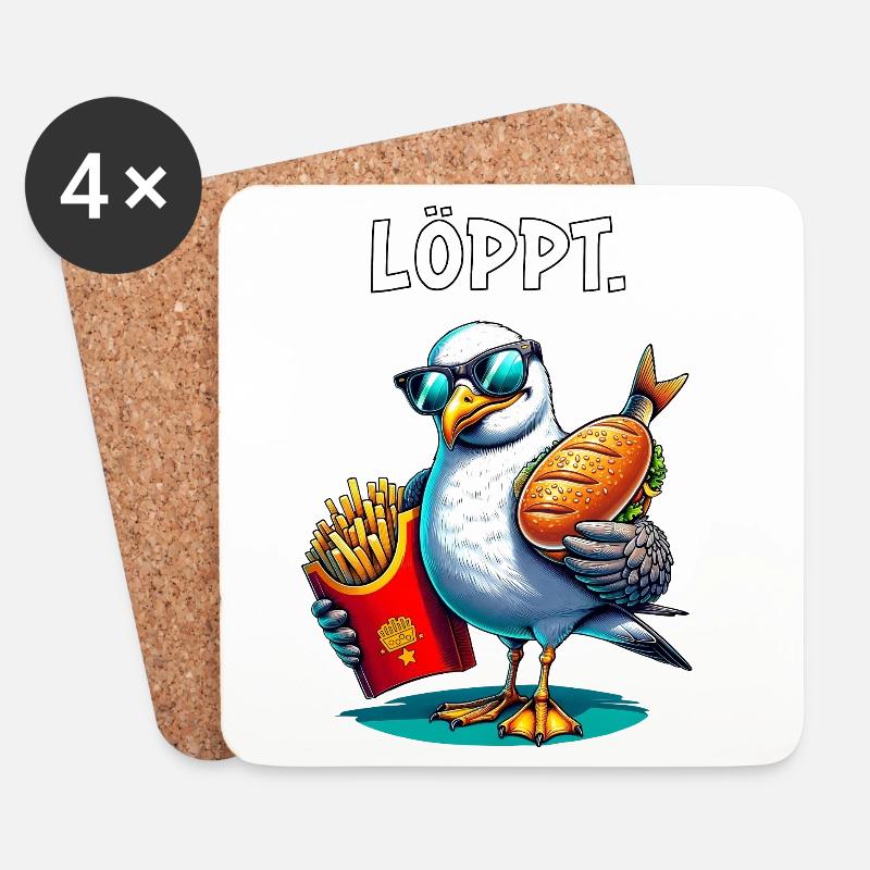 LÖPPT Möwe – Pommes & Fischbrötchen Cartoon - Untersetzer (4er-Set) - Weiß