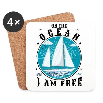On the Ocean I am Free - Sailing Cruising T-Shirt - Coasters (set of 4) - white - Front