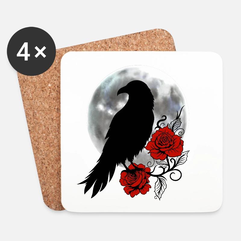 Schwarzer Rabe rote Rosen Vollmond - Untersetzer (4er-Set) - Weiß