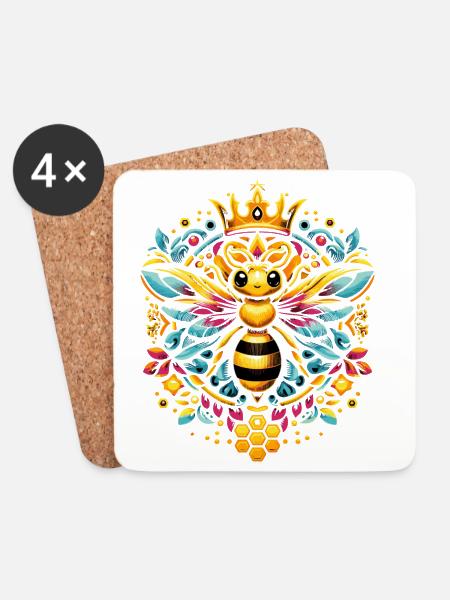 Lebhaftes, farbenfrohes Bienenkönigin Motiv - Untersetzer (4er-Set) - Weiß