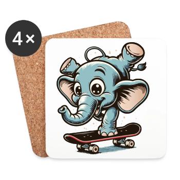 blauer Cartoon-Elefant auf dem Skateboard - Untersetzer (4er-Set) - Weiß - Vorne