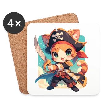 Chat Pirate de Kawaii Chibi - Aventure Ahoy - Dessous de verre (lot de 4) - blanc - Devant