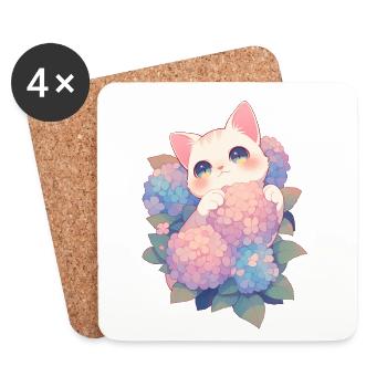 Kawaii Weiße Katze Hortensien Blumen Chibi Style - Untersetzer (4er-Set) - Weiß - Vorne