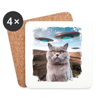 Funny British Shorthair Cat selfie with Alien UFOs - Coasters (set of 4) - white - Front