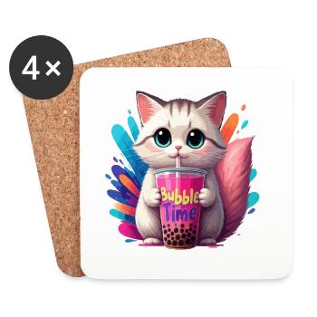 Cat illustration with bubble time motif - Coasters (set of 4) - white - Front