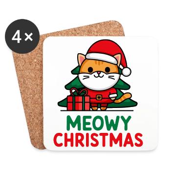 Illustration de chat festif Père Noël - Dessous de verre (lot de 4) - blanc - Devant