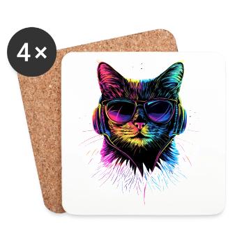Katze Sonnenbrille Kopfhörer Musik Bunt DJ Katzen - Untersetzer (4er-Set) - Weiß - Vorne