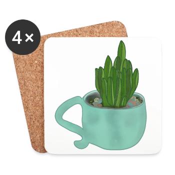 Une tasse avec une plante succulente - Dessous de verre (lot de 4) - blanc - Devant