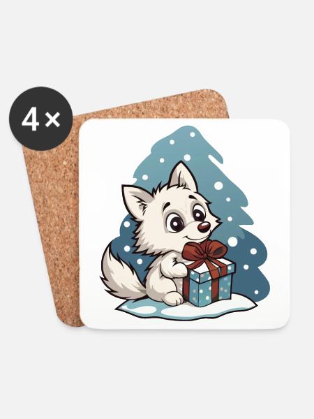 Niedlicher Wolf mit Geschenk an Weihnachten - Untersetzer (4er-Set) - Weiß