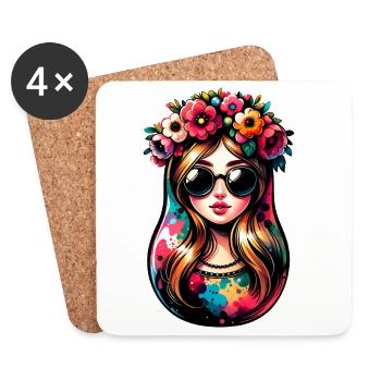 Russian Girl Matryoshka Moscow with Sunglasses - Coasters (set of 4) - white - Front