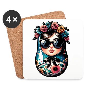 Russian Girl Matryoshka Moscow with Sunglasses - Coasters (set of 4) - white - Front