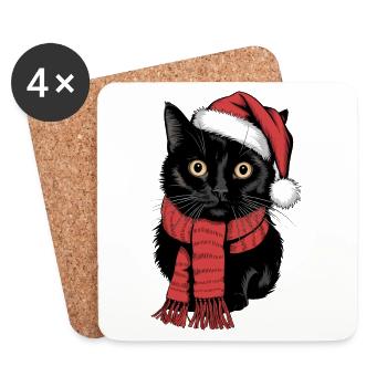 Chat Noir Père Noël Chapeau Bombay Chat - Dessous de verre (lot de 4) - blanc - Devant