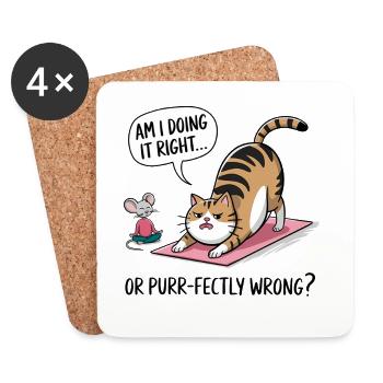 Funny Cat Yoga Saying – "Am I Doing It Right?" - Coasters (set of 4) - white - Front