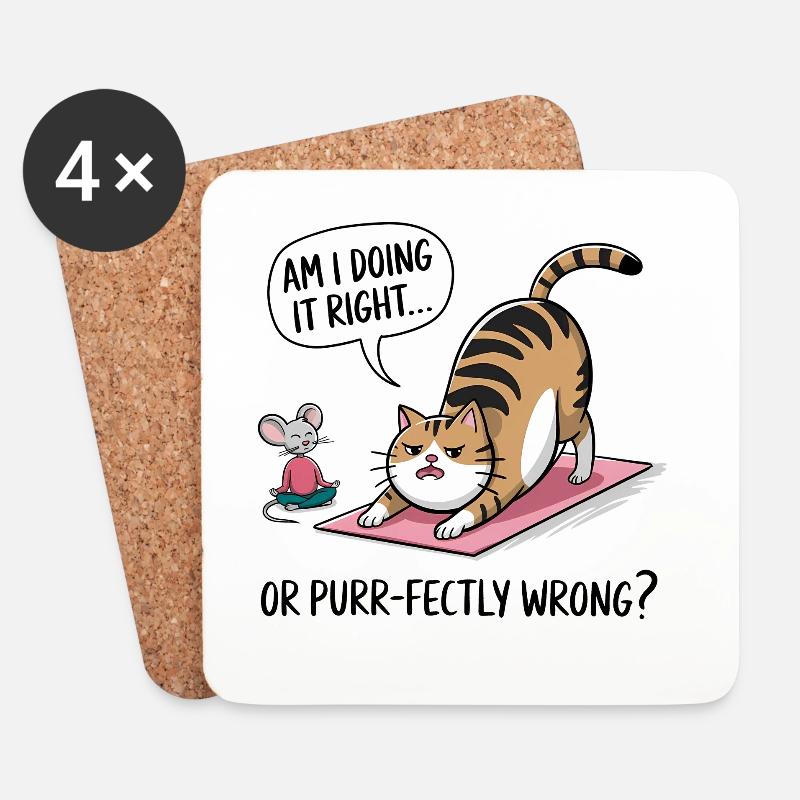 Lustige Katze Yoga Spruch – „Am I Doing It Right?“ - Untersetzer (4er-Set) - Weiß