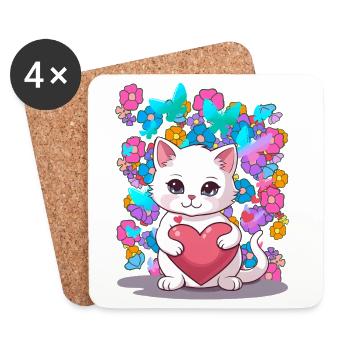 Chat Printemps Fleurs Coeur Enfants Bébé Chaton - Dessous de verre (lot de 4) - blanc - Devant