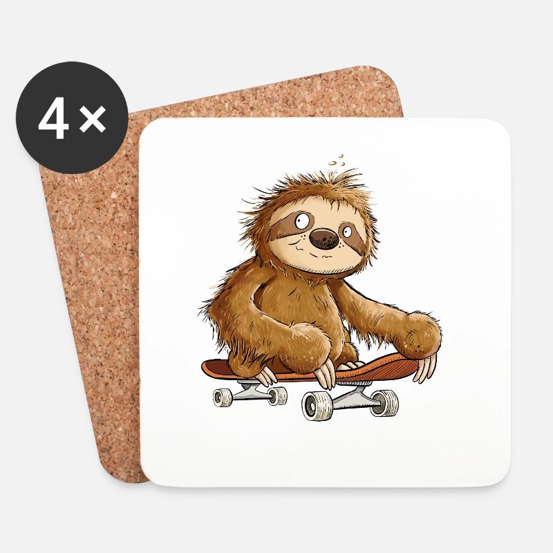 Faultier Mit Skateboard Cartoon - Untersetzer (4er-Set) - Weiß