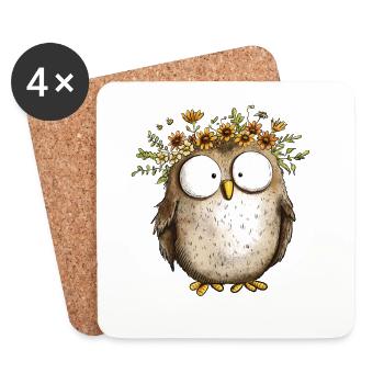 hibou avec des fleurs sauvages Floral Couronne Cartoon - Dessous de verre (lot de 4) - blanc - Devant