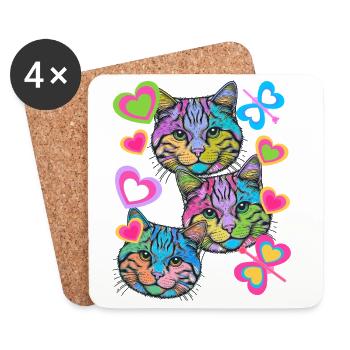 Chats Chat Rétro Papillons Coeur Vintage - Dessous de verre (lot de 4) - blanc - Devant