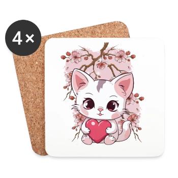Cherry Blossom Cat Cats Heart Hearts Kids - Coasters (set of 4) - white - Front