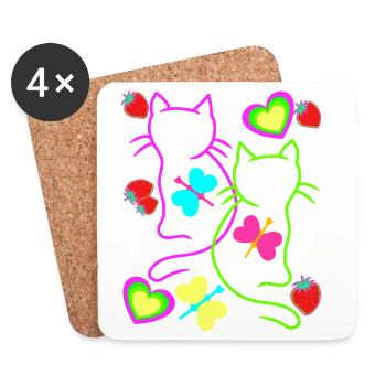 Retro Katzen Erdbeer Sommer 80er Katze Vintage - Untersetzer (4er-Set) - Weiß - Vorne