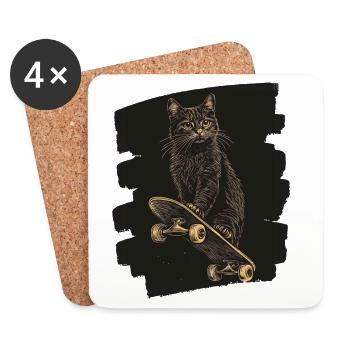 Chat sur Skateboard Skate - Dessous de verre (lot de 4) - blanc - Devant