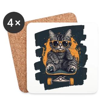 Katze auf Skateboard - Untersetzer (4er-Set) - Weiß - Vorne