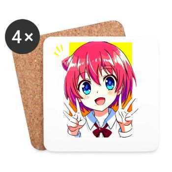 Süßes Anime Manga Mädchen - Peace Zeichen Kawaii - Untersetzer (4er-Set) - Weiß - Vorne