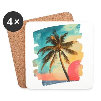 Plage Palmiers Coucher de soleil Été - Dessous de verre (lot de 4) - blanc - Devant