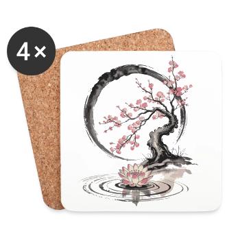 Zen Bonsai with Lotus and Cherry Blossom - Coasters (set of 4) - white - Front